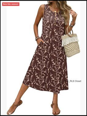 Sleeveless Midi Sundress with Pockets, Button Down Casual Beach Dress